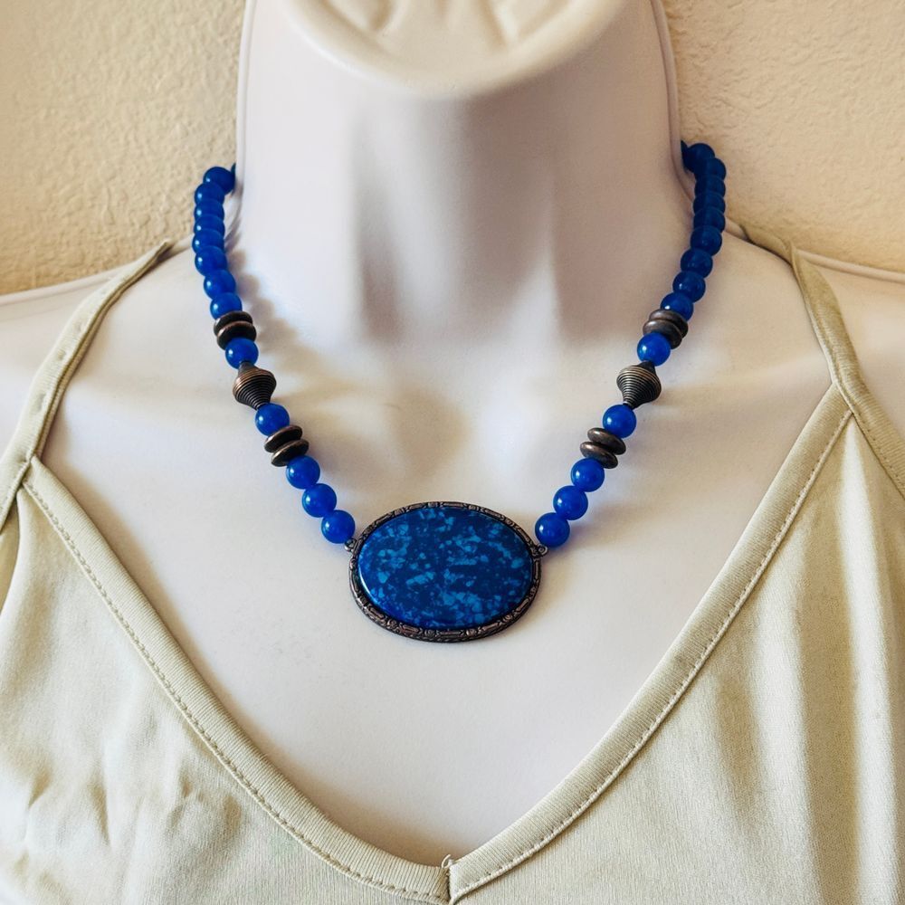 VTG 1928 Collection Necklace Blue beaded Collar‎ Victorian style cabochon bronze